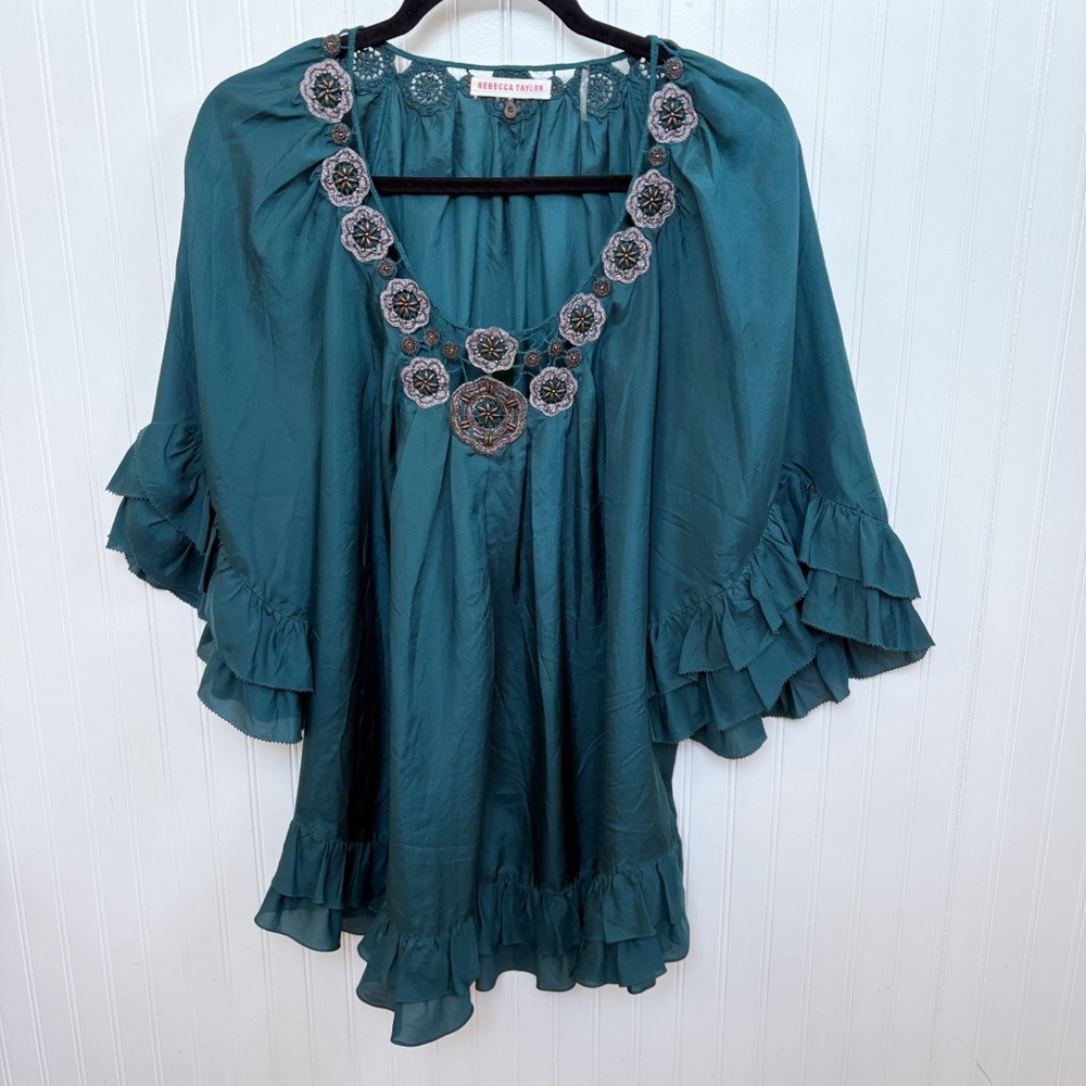 Rebecca Taylor Teal Green 100% Silk Ruffle Blouse Beaded/Embroidered Neckline